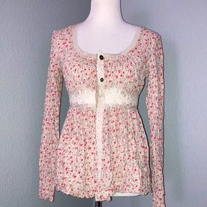 Free People Henley Top cottage core floral long sleeve lace scoop neck top XS